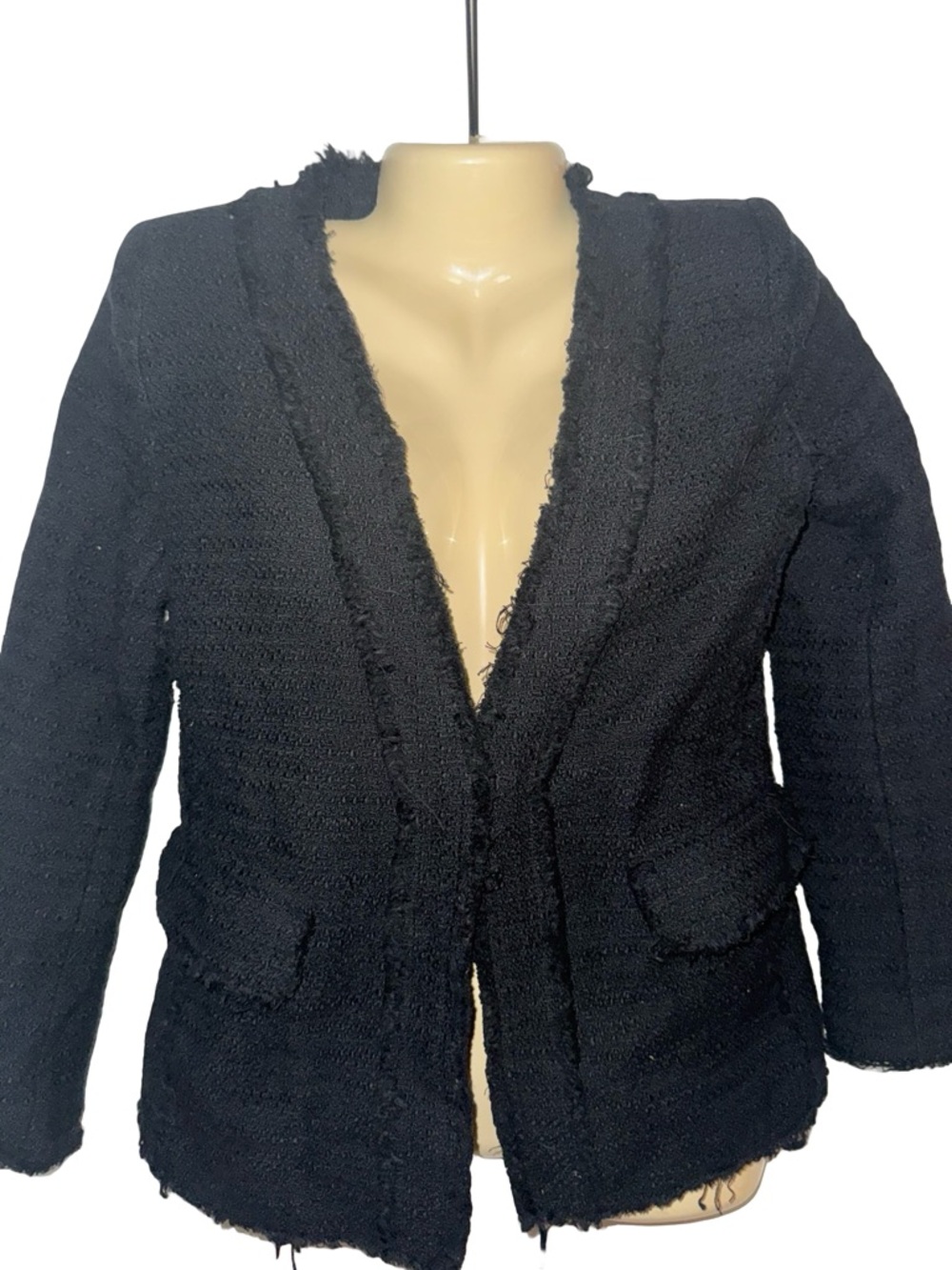 Vince Camuto Tweed Black Frayed-Trim Bouclé Open Blazer